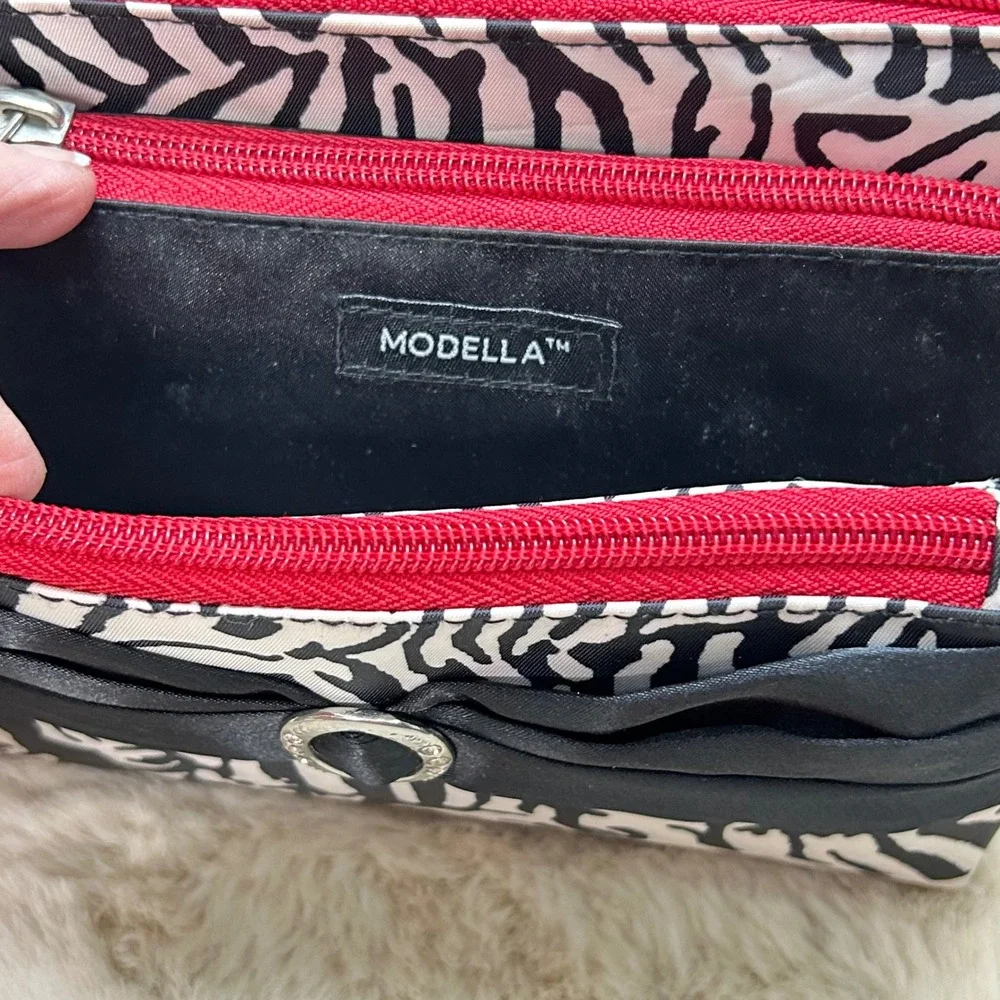 Modella 3 Piece Purse Set Zebra Print Black Bow Accent‎ Travel Organization NEW